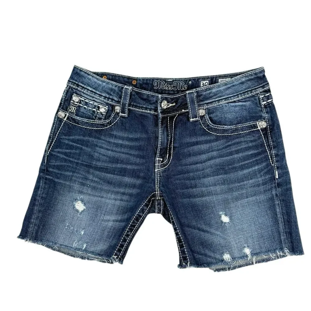 Miss Me Shorts Womens 30‎ Blue Denim Distressed Hem Embellished Trendy EUC